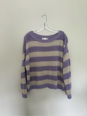 RD Style Stripes Open-Knit Sweater in Lavender and Cream